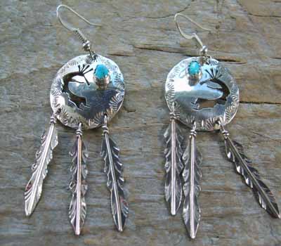Indian Shield & Feather Kokopelli Turquoise Earrings